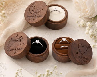 Caja para anillos de nogal personalizada, soporte redondo de madera para anillos grabado a medida, caja para anillos de boda, regalo de aniversario, regalos para damas de honor