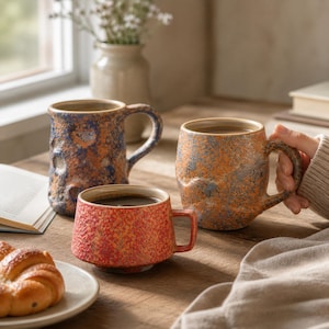 May include: Three ceramic mugs with textured surfaces and earthy tones. The mugs are in shades of orange, blue, and brown, with a rustic, speckled appearance. One mug is red, and another is being held by a person. The mugs are on a wooden table.