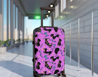 Maleta con estampado de perro salchicha / Maleta rosa con estampado de perro salchicha