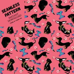 May include: A repeating pattern of black dachshund dogs, blue dog harnesses, and pink flowers on a pink backdrop. The words "SEAMLESS PATTERN" and "INSTANT DOWNLOAD" are in the upper left corner.