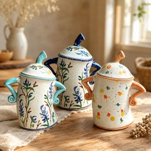Puede incluir: Tres tarros de cerámica con tapa y asas. Dos tarros presentan motivos florales azules y verdes, mientras que el tercero muestra un diseño moteado colorido. Cada tarro tiene una tapa curva con un pequeño mango y dos asas laterales.