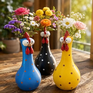 May include: Three ceramic vases shaped like chickens in blue, black, and yellow, each featuring white polka dots, a red comb, and large white eyes. Each vase holds a colourful arrangement of fresh flowers including daisies and carnations.