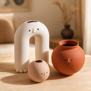 Cute Face Vase Set, 3 Piece Matte Ceramic Decor, Minimalist Flower Bud Vases, Modern Table Centerpiece, Unique New Housewarming Gift