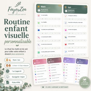 Puede incluir: Un cuadro de rutina visual para niños, con horarios de mañana y tarde. El diseño incluye iconos coloridos y texto en francés, con opciones de personalización y rangos de edad de 2-4 a 8+ años. Diseñado para ayudar a los niños a ser autónomos.