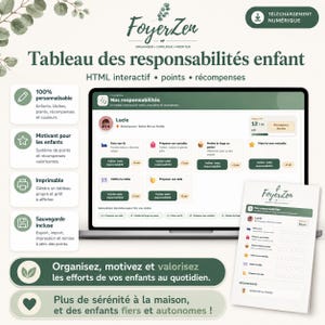 Puede incluir: Un cuadro digital de responsabilidades para niños, mostrado en un portátil y una hoja impresa. El cuadro es verde y blanco, con el texto "FoyerZen" y "Tableau des responsabilités enfant". Incluye elementos HTML interactivos, puntos y recompensas.