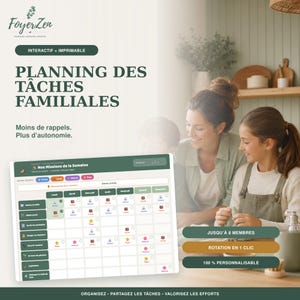 May include: A digital family chore chart titled Planning des Tâches Familiales with a grid layout for tracking weekly tasks across seven days. The chart features rows for specific chores and columns for days of the week, with colourful icons and names.