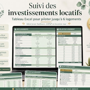 May include: A digital rental property investment tracking spreadsheet displayed on a laptop screen and printed sheets. The interface features tables for managing up to six units, including sections for income, expenses, cash flow, and financial summaries in Euros.