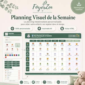 Peut inclure: Un planificateur hebdomadaire numérique avec le texte "Planning Visuel de la Semaine" et "Mon Planning de la Semaine". Le planificateur est personnalisable et imprimable, avec un code couleur vert et blanc. Comprend un ours en peluche.