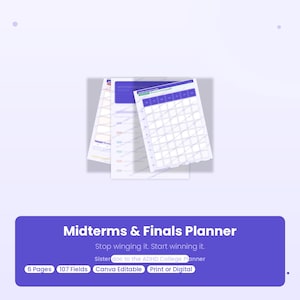 Può includere: Un planner intitolato "Midterms & Finals Planner" con un banner viola in basso. Il planner ha uno sfondo bianco con un layout a griglia e accenti blu. Il testo sul banner dice "Stop winging it. Start winning it."