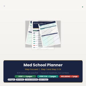 May include: A Med School Planner with a navy blue banner at the bottom. The banner has the text "Med School Planner" and "Step Focused | Step 1 and Step 2 CK". The planner includes 8 pages, 89 fields, and is Canva editable.