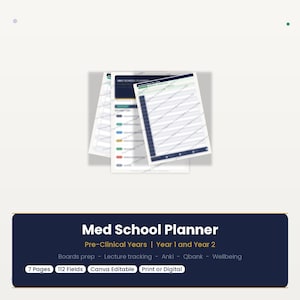 May include: A stack of white medical school planner pages with a dark blue border. The planner includes sections for lecture tracking, boards prep, and wellbeing. The text at the bottom reads "Med School Planner" and "Canva Editable".
