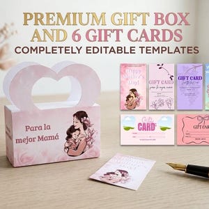 Puede incluir: Una caja de regalo rosa con un asa en forma de corazón y seis tarjetas de regalo. La caja presenta el texto "Para la mejor Mamá" y una ilustración de una madre y un niño. Las tarjetas de regalo tienen diseños florales.
