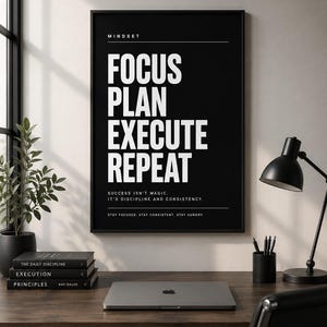Op de afbeelding: Een zwart ingelijste wandkunstprint met witte tekst: MINDSET, FOCUS, PLAN, EXECUTE, REPEAT, SUCCESS ISN'T MAGIC. IT'S DISCIPLINE AND CONSISTENCY. STAY FOCUSED. STAY CONSISTENT. STAY HUNGRY. De poster heeft een strak en krachtig ontwerp.