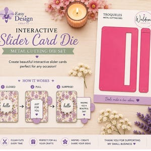 Può includere: Un set di fustelle in metallo rosa per biglietti scorrevoli interattivi, composto da una cornice rettangolare e una striscia scorrevole. La confezione include istruzioni 'HOW IT WORKS' con diagrammi che mostrano un biglietto floreale in azione.