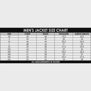 May include: A black and white Men's Jacket Size Chart with measurements in inches. The chart includes sizes XS to 6XL, with chest, waist, shoulder, and sleeve length measurements. The text "ALL MEASUREMENTS IN INCHES" is at the bottom.