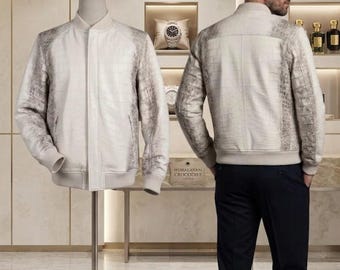 Himalayan White Alligator Varsity Coat – Crocodile Embossed Leather Bomber Jacket