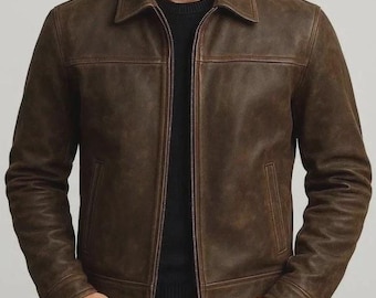 Mens Distressed Brown Leather Jacket Cafe Racer Genuine Biker Motorcycle Coat