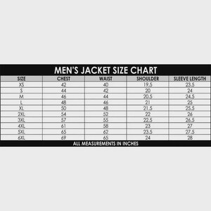 May include: A black and white chart titled "MEN'S JACKET SIZE CHART" with measurements in inches. The chart lists sizes XS to 6XL, with corresponding chest, waist, shoulder, and sleeve length measurements.
