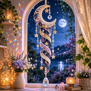 Puede incluir: Un colgante de pared en forma de media luna con intrincado ganchillo en crema, lavanda y azul marino. La pieza está adornada con pequeñas flores de tela, cuentas de cristal colgantes y dijes de estrellas doradas, terminando en una gota de cristal.