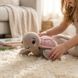 Puede incluir: Un peluche de tortuga de ganchillo con cabeza y extremidades de color marrón claro y caparazón rosa. La tortuga tiene ojos negros y una cara sonriente. El juguete está sobre una alfombra blanca y esponjosa.