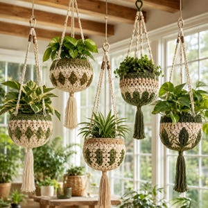 May include: Five hanging plant holders made of cream and olive green crocheted yarn, each featuring unique geometric patterns and a long decorative tassel at the bottom. Each holder contains a lush green houseplant suspended by braided cords.