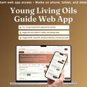 Può includere: Un laptop e uno smartphone mostrano la "Young Living Oils Guide Web App". L'app offre accesso su telefono, tablet e desktop. L'app presenta oltre 75 miscele, oli singoli con note di sicurezza e strumenti per il benessere emotivo. Il testo recita "Accesso immediato all'app web."