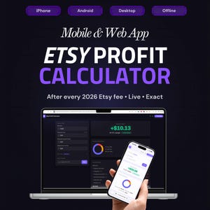 May include: A laptop and smartphone displaying the Etsy Profit Calculator app. The app interface shows financial data with a purple and white color scheme. Text includes "Mobile & Web App" and "ETSY PROFIT CALCULATOR".