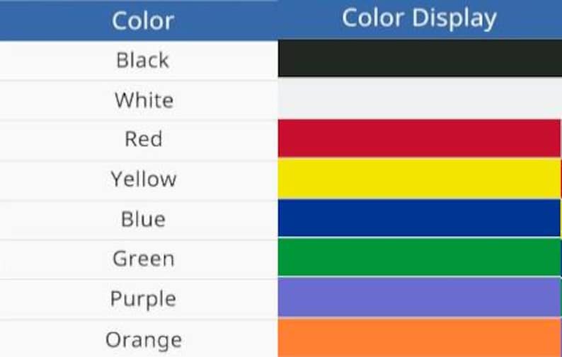 May include: A color chart with two columns labeled Color and Color Display. The list includes black, white, red, yellow, blue, green, purple, and orange, each paired with a corresponding solid rectangular color block in the right column.