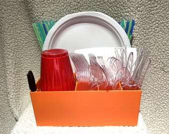 10 3/8" Disposable Paper Plate, Napkin, Utensils, Cups, Straw, and marker Holder