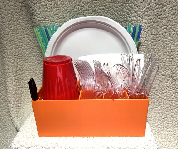 10 3/8" Disposable Paper Plate, Napkin, Utensils, Cups, Straw, and marker Holder