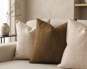 Modern Linen Throw Pillow Cover | Contrast Piping | Solid Color Thick Linen Cushion Cover | For Living Room, Sofa, Bed Headboard (45x45cm)