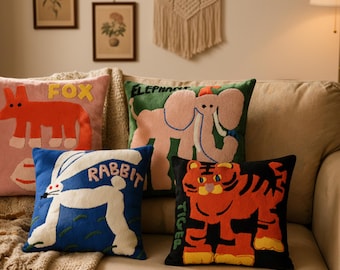 Embroidered Animal Pillow Cover | Punch Needle Cotton Cushion | Kids Nursery Throw Pillow | Cute Fox Tiger Elephant Room Decor