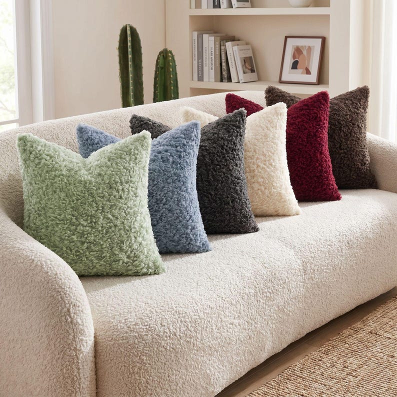 May include: A collection of seven square throw pillows with a textured, curly faux-shearling fabric. The pillows are arranged in a row on a sofa and feature a variety of colors including sage green, dusty blue, charcoal gray, cream, and deep burgundy.
