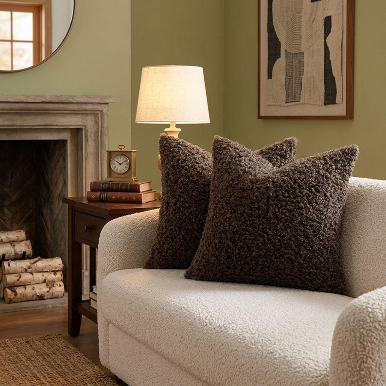 May include: Two square throw pillows with a dark brown, textured, curly fleece-like surface. The pillows are positioned on a cream-colored, textured sofa. The fabric of the pillows features a dense, looped pile construction that creates a soft, tactile appearance.