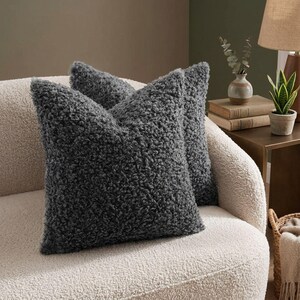 May include: Two square throw pillows featuring a dark charcoal gray, textured, curly faux shearling fabric. The pillows have a plush, dense pile surface and are positioned together, showcasing a consistent deep gray color and a soft, fuzzy appearance.