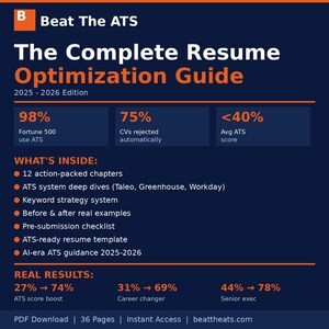 Può includere: Un grafico blu scuro con il testo "Beat The ATS" e "The Complete Resume Optimization Guide 2025-2026 Edition." Include statistiche sull'utilizzo di ATS e sui tassi di rifiuto dei CV. Elenca gli argomenti dei capitoli e i risultati reali, con un indirizzo web in basso.