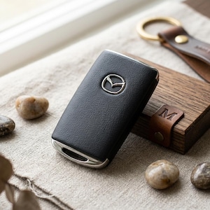 May include: Black leather car key with silver trim and a Mazda logo. The key is next to a wooden box with a leather strap and the letter "M". A gold keyring and small stones are also in the image.