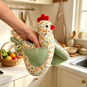 May include: A chicken-shaped oven mitt featuring a white fabric base with a colourful floral pattern of orange, yellow, and green flowers. The mitt includes a green and white gingham check wing pocket, a red felt comb, and a red felt beak.