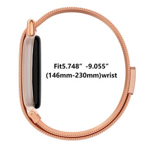 Könnte beinhalten: Eine roségoldene Smartwatch mit einem metallischen Mesh-Armband. Die Uhr zeigt ein schwarzes Display und eine Seitenansicht. Der Text auf dem Bild gibt an, dass sie für Handgelenke von 146 mm bis 230 mm (5,748" - 9,055") geeignet ist.