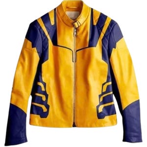 Giacca in pelle da uomo fatta a mano, gialla e blu, ispirata a Wolverine, costume da supereroe per cosplay o da motociclista.