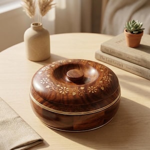 Handcrafted Wooden Chapati Box | Traditional Indian Roti Dabba with Brass Inlay | Wooden Casserole with Lid | Kitchen Storage And Decor.