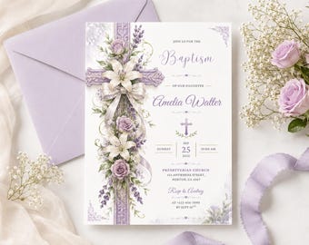 Floral Baptism Invitation Template, Lavender Baptism Invite, Girl Baptism Invitation, Editable Canva Baptism Invitation, Christian Invite