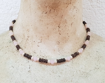 Surfer necklace rose quartz and wooden beads / 42-48 cm / surfer necklace / beach jewelry / boho style, beach fashion, beach jewelry, OBX / BG2977