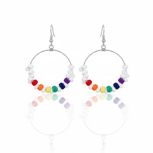 Pride Spiral Shell Earrings • Coconut Bead Rainbow Hoops • Boho Surfer Beach Jewelry • Lightweight Nickel‑Free Statement Earrings