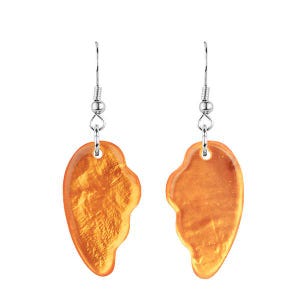 May include: A pair of earrings with a heart-shaped design. The earrings are a warm orange color with a textured, shimmering surface. They hang from silver-colored hooks.