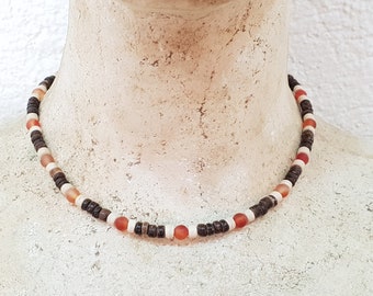 Surfer-Kette Carnelian und Holzperlen / 42-48cm / Surfer-Kette / Beach-Schmuck / Boho Style, Beach Fashion, Strandschmuck, OBX / BG2978