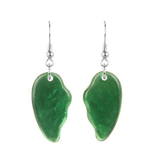 May include: A pair of green jade earrings with a teardrop shape. The earrings have a silver-colored hook and are displayed against a white background. The jade has a translucent quality.