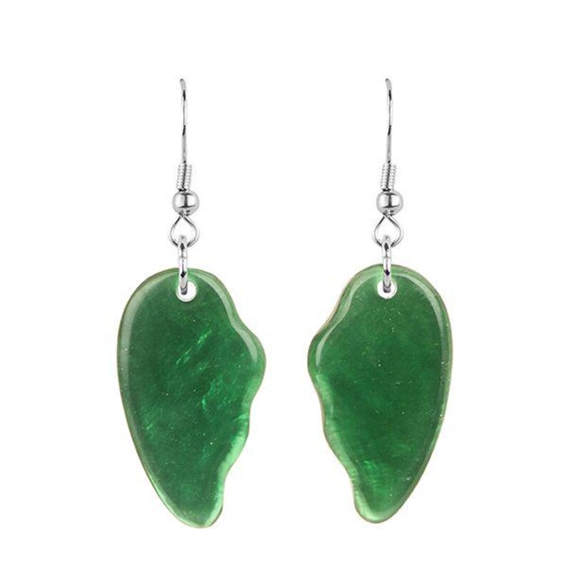 May include: A pair of green jade earrings with a teardrop shape. The earrings have a silver-colored hook and are displayed against a white background. The jade has a translucent quality.