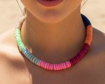 Multi Summer Colors Statement Necklace – 0.47" (12 mm) Coconut Disc Chunky Boho Jewelry, Funky Festival Style, Lobster Clasp + Extension