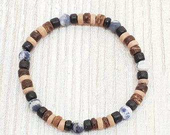 Surfer-Armband Sodalite + Holzperlen elastisch / Surfer-Armabnd / Beach-Schmuck / Boho Style, Beach Fashion, Strandschmuck, OBX / BG3242